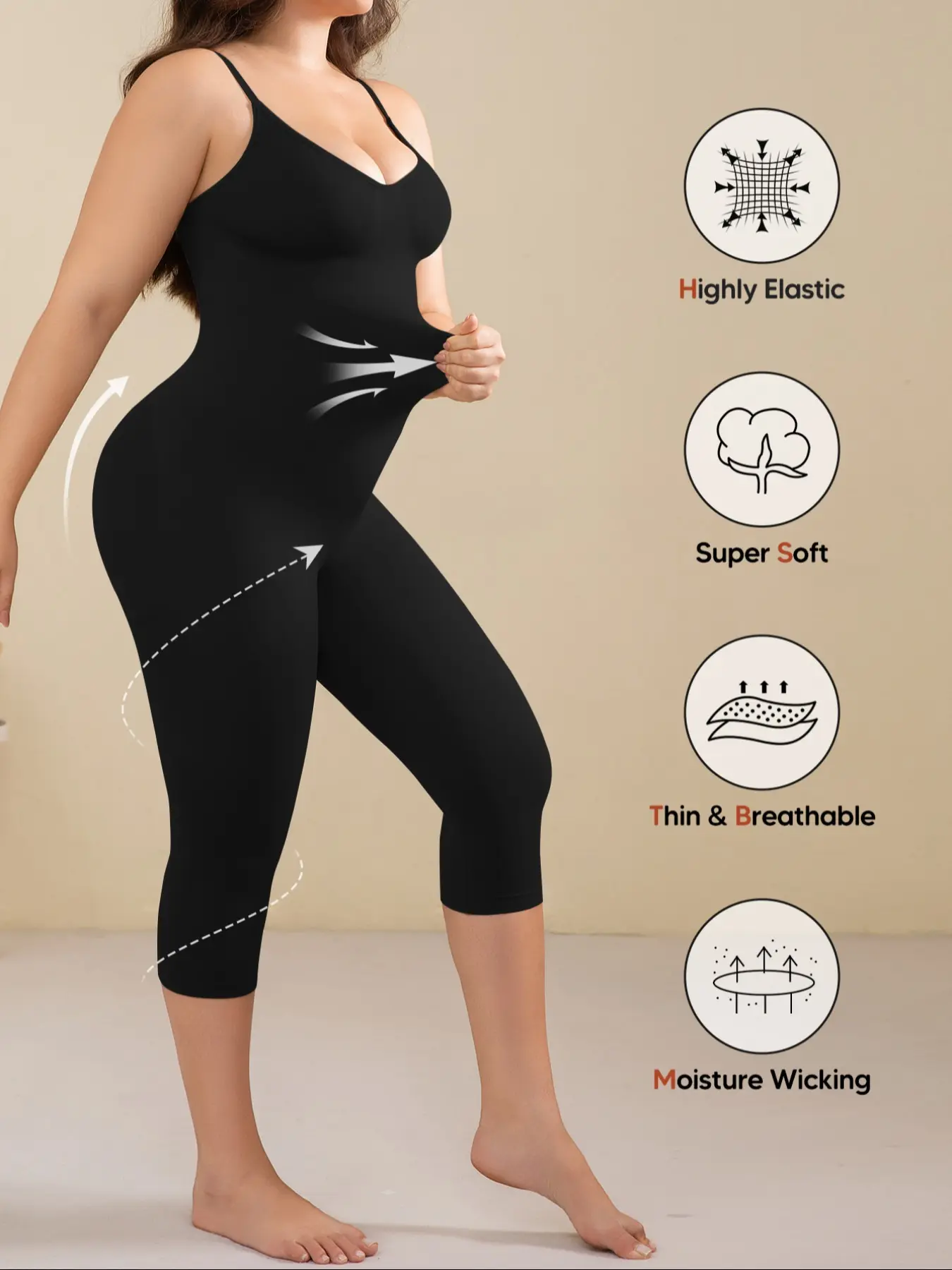 Women's Seamless Full Body Shaper Capri Bodysuit, High Elasticity, Fit, Thin, Lightweight & Breathable, Soft, Compression Shapewear for Tummy Control & All-Day Comfort, Underwear, Knit Underwear Bodysuit, Figure Flattering Fit