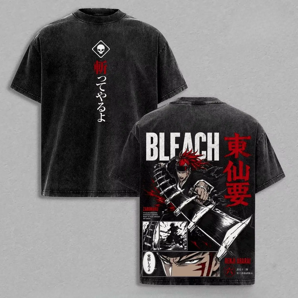Abarai Renji BLEACH T-shirt Men Women Clothing Anime Vintage Washed Oversized T Shirt Summer Short Sleeve Pure Cotton Tees Tops H