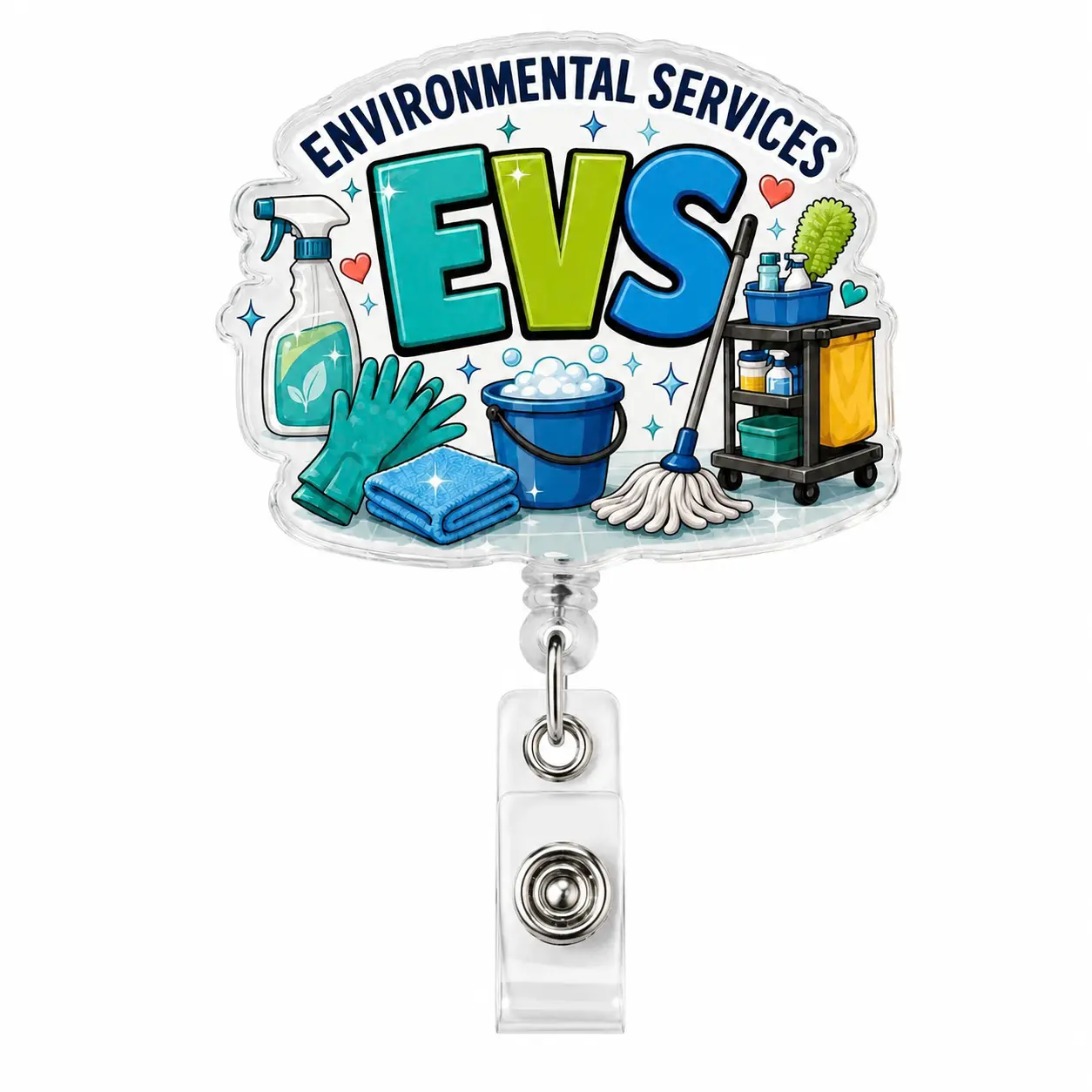 Environmental services EVS badge reel, retractable ID badge holder, cleaning team work badge clip for hospital support and sanitation staff
