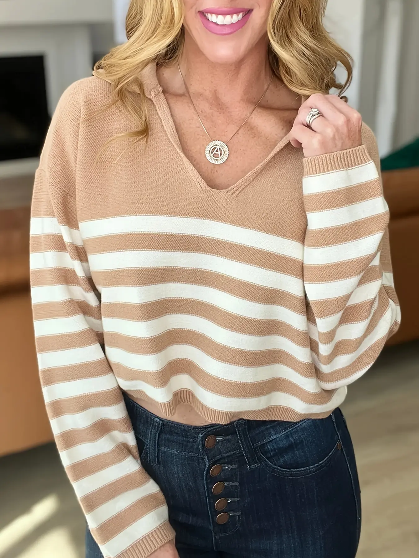 Women's Striped Polo Collar Knit Sweater, V Neck Long Sleeve Cropped Pullover, Ladies Fall Winter Preppy Casual Top