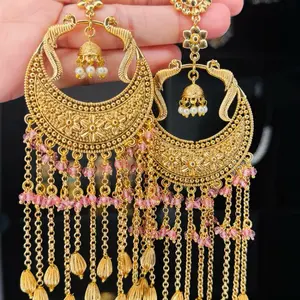 Elegant Gold-Toned Crescent Moon Earrings with Pink Beads and Tassels for Festive Wear