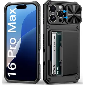 For Iphone 16 Pro Max Case Wallet, Built-In Card Holder (4-5 Cards), Slide Lens Cover, Military Drop Protection, Rugged Heavy Duty Men Women Protective Phone Case for Iphone 16 Pro Max, Black BXYJY