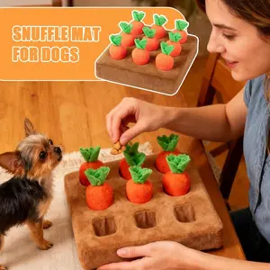 Dog sniffing puzzle mat, fruit-themed patchwork design, home-use carrot puzzle toy, pet activity mat with 9 carrots included. Suitable for small, medium, large, and senior dogs and cats, providing mental exercise.
