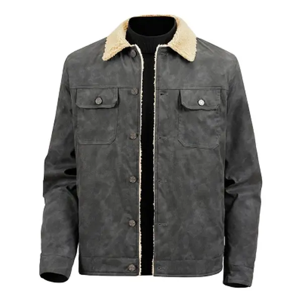 Men’s fleece-lined trucker jacket, vintage faux suede warm winter outerwear, vintage faux suede trucker jacket, fleece-lined warm winter workwear jacket with buttons, American vintage suede workwear jacket, thick fleece lining throughout for superior heat