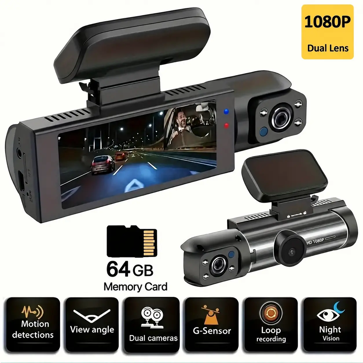 1080P Full HD Mini Dual-Lens Dashboard Car Camera, Car Accessories with Front-Interior IR Night Vision, G-Sensor, Loop Recording, Wide Angle, 64GB Memory Card, USB Power, Parking Monitor for Accident Evidence #DashCam #FYP, Cameras