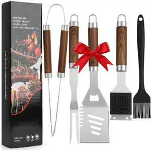 BBQ Grill Accessories Set, Grill Tools Grilling Accessories Grilling Gifts for Men - Spatula, Fork, Brush, Tongs & Cleaning Brush - Outdoor Barbecue Utensils Gifts for Men Dad Him ()