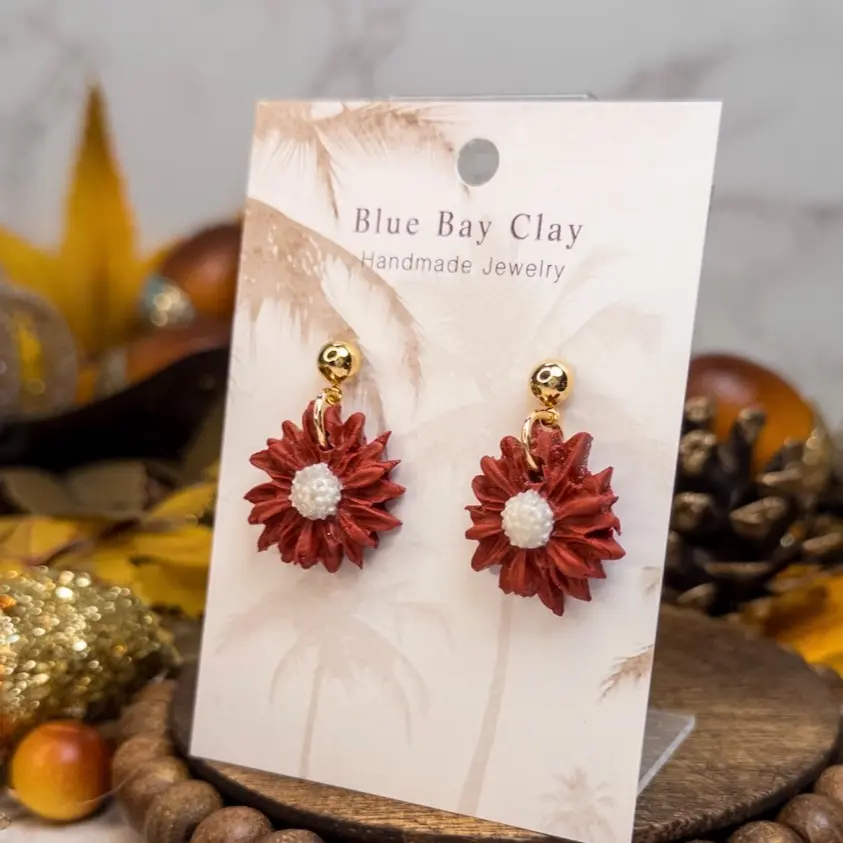 Blue Bay Clay Handmade Fall Clay Red Mum Single Earrings Nickel-Free Hypoallergenic Polymer Clay Earrings for Fall & Halloween Jewelry