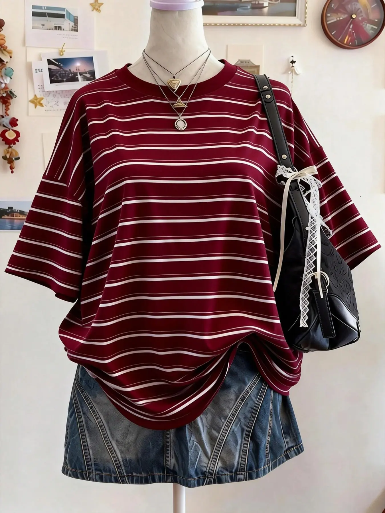 Vintage Burgundy Striped Oversized T-Shirt for Women - Casual Loose Fit Short Sleeve Top.