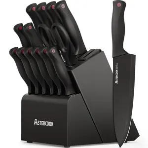 Astercook 14-Piece Kitchen Knife Set, Knives Block Set with Built-in Sharpener, Healthy Anti-Rust Coating & German Stainless Steel Knife Set, Dishwasher Safe Black