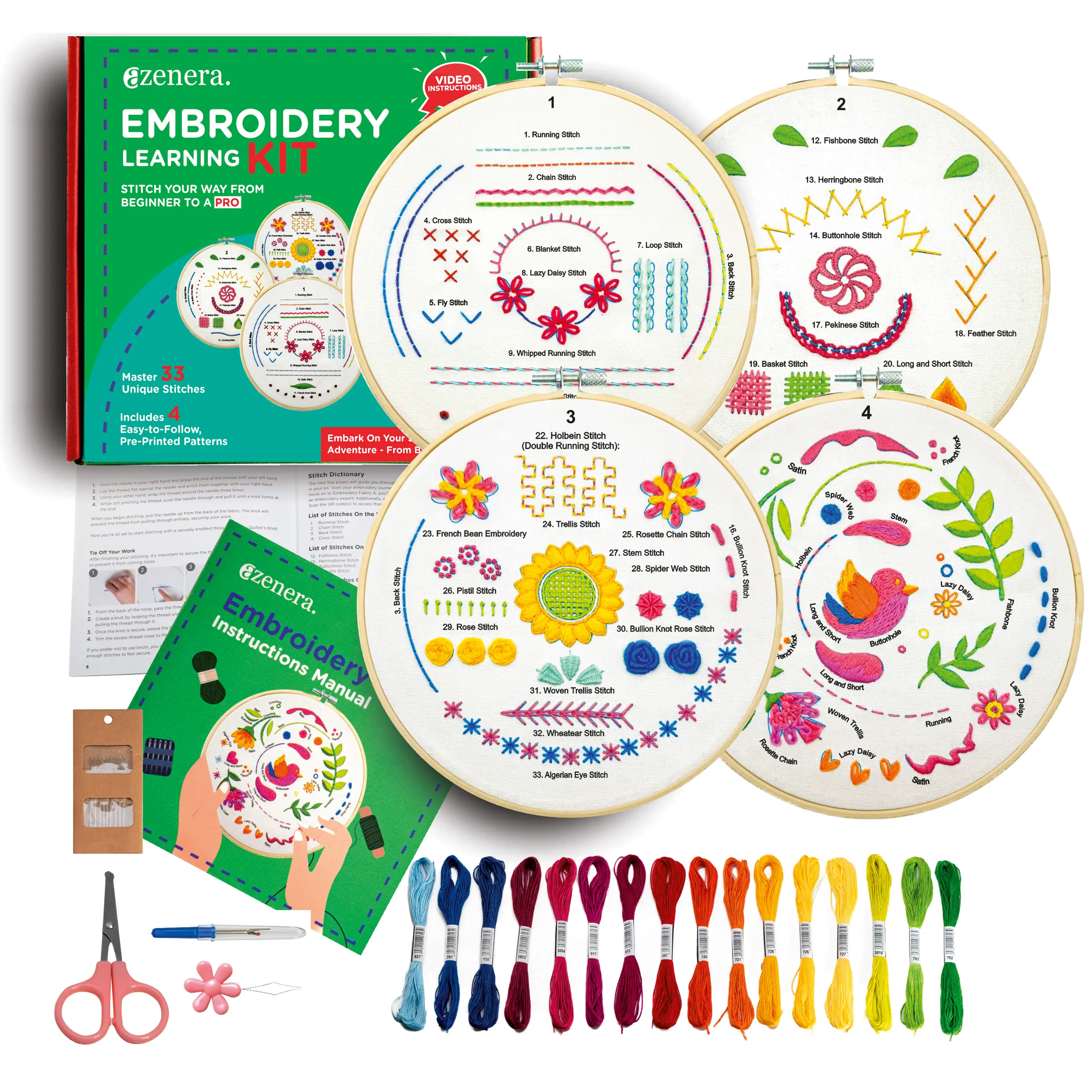 aZenera Embroidery Learning Kit for Beginners - Includes Threads, Hoop, 4 Simple Patterns with 4 Fabric Designs, Includes Tools