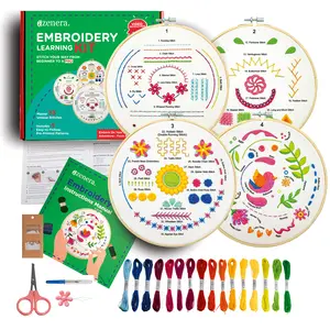 aZenera Embroidery Learning Kit for Beginners - Learn Different Stitches, Simple Patterns with Video Instructions | Includes Threads, Hoop, 4 Cloth Fabric Designs, Tools