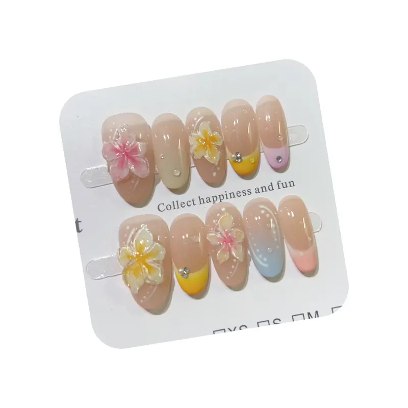 Nude Color Flower Press-On Nails Cute Reusable 3D Crystal Almond Hand-Painted Nail Art Handmade Gel Tips for Campus Life Vacation Beach Party Pastel Paradise Vibes Breathable Flex-Fit Core Sheet