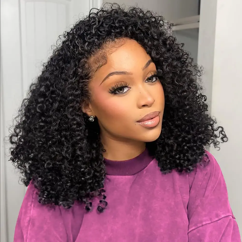 3 in 1 Half Wig Kinky Curly for Women Half Wig Burmese Curly Human Hair Wigs Beginner Friendly V-Part Wig Human Hair