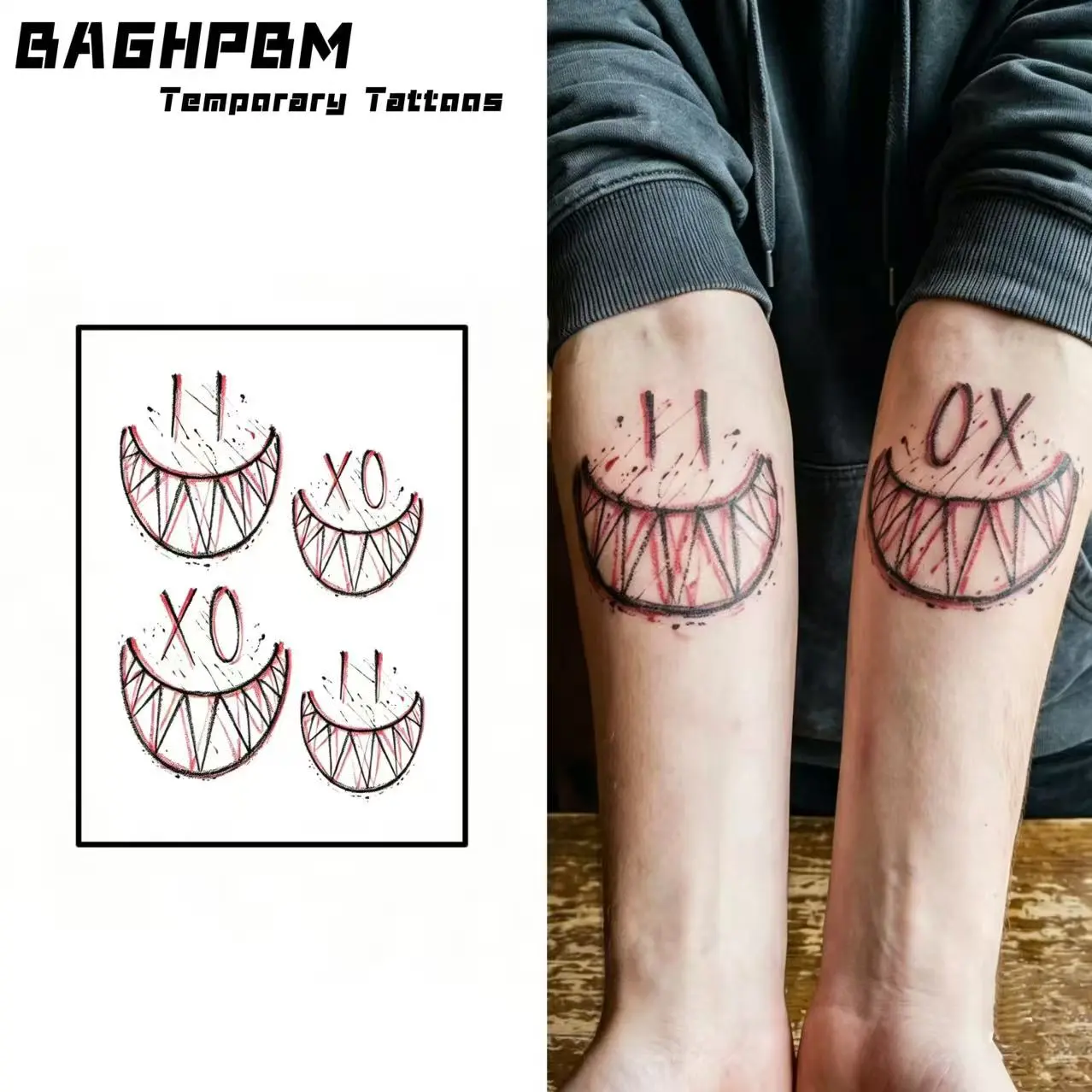 BAGHPBM 4-Piece Temporary Tattoos, Dark Minimalist Smiley Face Body Stickers, Nontoxic and Safe for All Skin Types, Fun DIY Art for Couples, Tattoo Art, Youth, Waterproof, Do-It-Yourself, Oblong, Single Item, Arm/Leg, Unscented, Realistic Temporary Tattoo