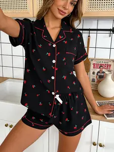Women's Short Sleeve Shorts Cardigan Sleepwear Set, Sweet Cool Cherry Print, Loose Fit Casual Wear All Seasons