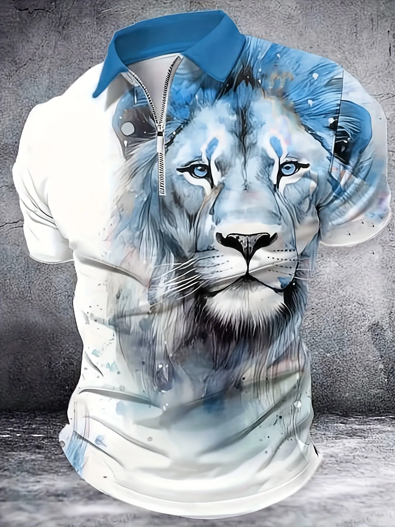 Men's Short Sleeve Polo Shirt with Lion Face Print - Casual Street Style, Lightweight Polyester, Zip Detail, Machine Washable for Summer