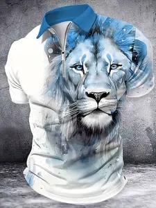 Men's Short Sleeve Polo Shirt with Lion Face Print - Casual Street Style, Lightweight Polyester, Zip Detail, Machine Washable for Summer