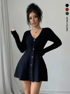 Women's Solid Color V-Neck Long Sleeve Sweater Dress, Casual Basic Button-Down Knit Dress Fit for Spring & Fall, Fashion Women's Feminine Knitwear for Daily Wear, Womenswear, Lady