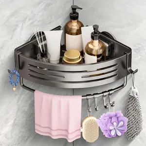 Corner Shower Caddy Suction Cup, Shower Shelves Organizer for Bathroom Storage, Aluminum No-Drilling Removable Rustproof Shower Shelf Rack with Towel Bar & Hooks (Gray)