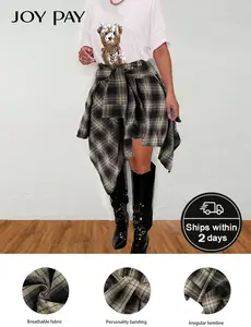 JOY PAY Women's Fashion Plaid Print Asymmetrical Hem High Waist Skirt Casual Comfort Elastic Waist Tiered Layer Knee Length Skirt for Summer Going Out Streetwear Trendy Plaid Skirt Everyday Bottom