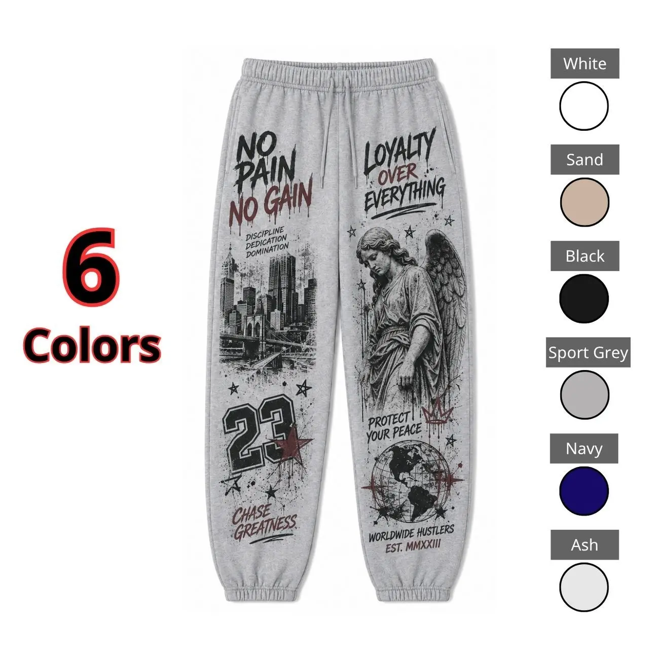 Unisex Graphic Sweatpants, Men’s Women’s Relaxed Fit Jogger Pants with Angel, City Motivational Artwork, “No Pain No Gain” Design, Drawstring Waist and Elastic Cuffs, Vintage Streetwear Lounge Pants for Casual Wear, Gym, Travel and Everyday Fashion X