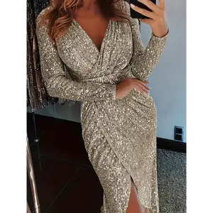 2025 Golden Sequin Women's V-Neck Long Sleeve Evening Dress - Elegant Glamorous Design, Polyester Blend, Hand Wash Only, Crossover Style Workwear Apricot Formal Womenswear Comfort Sexy Vneck