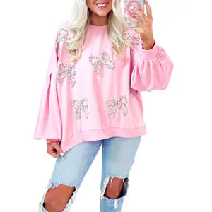 Mntaor Women's Casual Valentine's Day Winteroutfit Sweatshirt Round Neck Light Pink Embroidered Bow Lantern Sleeve Oversized Pullover Sweatshirt- Chic,Comfortable
