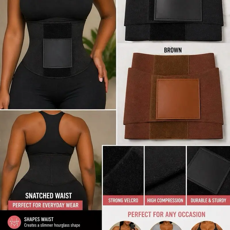 Snatch Waist Trainer High Compression Tummy Control Belt Black & Brown Strong Velcro Durable Sturdy Perfect for Everyday Wear