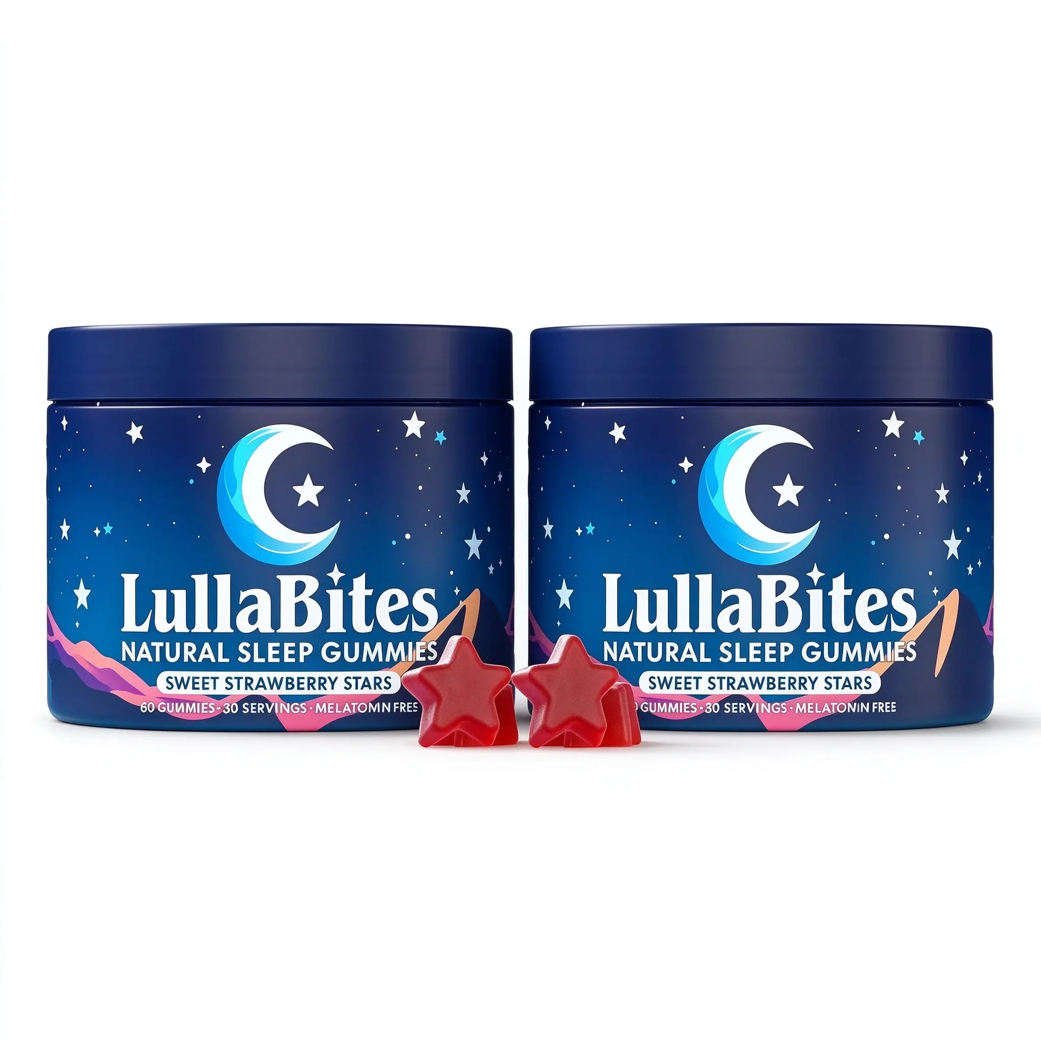 2 Packs LullaBites Natural Sleep Gummies Sweet Strawberry Stars 60 Gummies 30 Servings Gelatin Free