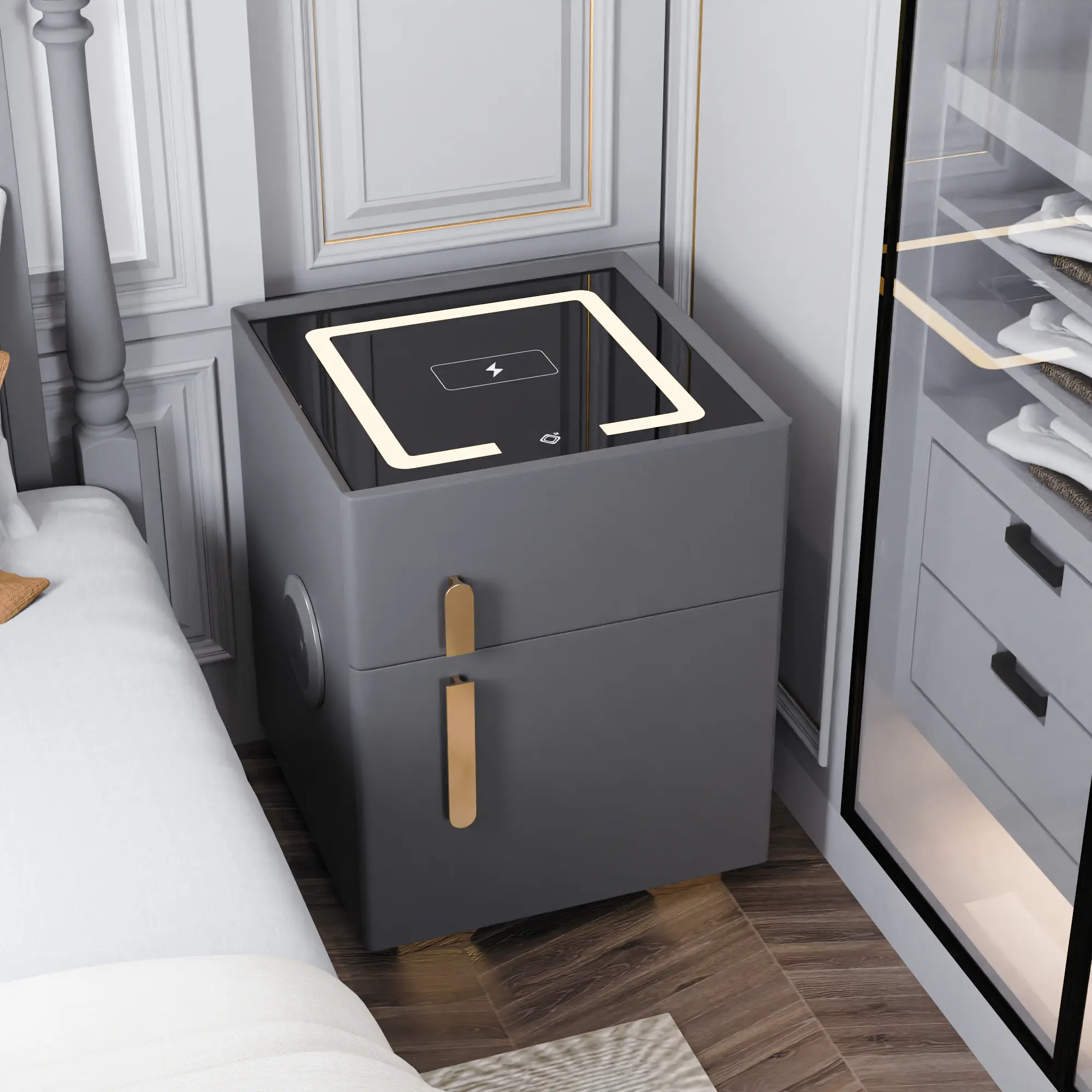 Dark Grey Pine Bedroom Smart Nightstand with Hidden Safe Box, 2-Drawer Bedside Table, Wireless Charging, USB Port, Bluetooth Speaker, Ambient Light & Fire Safety Label