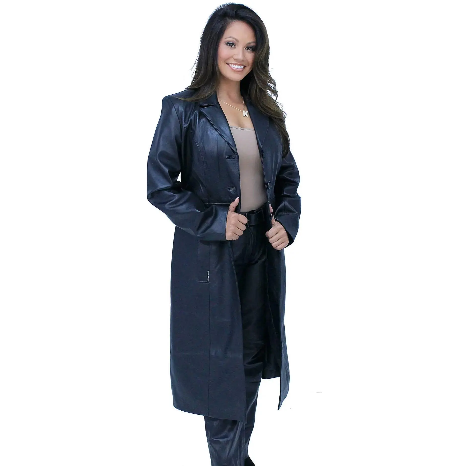 JAMIN LEATHER® Lambskin Leather Trench Coat for Women #L506LP - Extra Soft Long Sleeve Basic Minimalist Design with Notch Collar & Front Pockets
