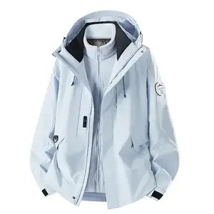 Men's Trendy Light Blue Three-in-One Jacket - Waterproof Shell with Fleece Lining, Hooded Design, Ideal for Outdoor Adventures and Casual Wear