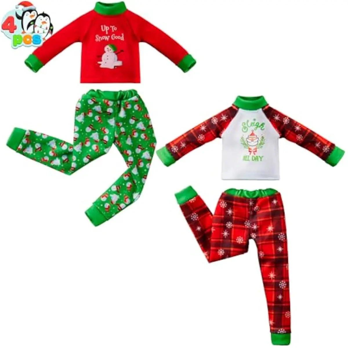 4 Pcs Christmas Elf Accessories - Xmas Clothing Ugly Sweaters for Dolls, Santa and Snowman Classic Style Green and Red Sweaters for Holiday Decorations