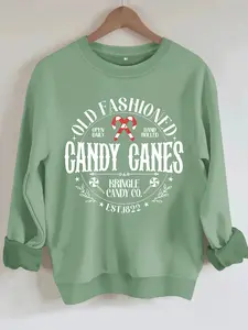 Women's Casual Candy Canes Pattern Hoodie, Soft Long Sleeve Round Neck Christmas Sweatshirt, All-Season Comfort