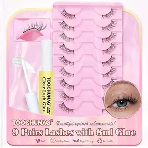 Half Lashes Kit with 8ml Clear Lash Glue Wispy False Eyelashes Natural 13mm Cat Eye Lashes 9 Pairs D Curl Fake Eyelashes Clear Band