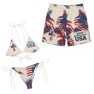 America 250 Patriotic Cross Swimwear, 250th Anniversary USA Matching Bikini & Swim Trunks outfits, Christian Red White Blue Palm Leaves Set
