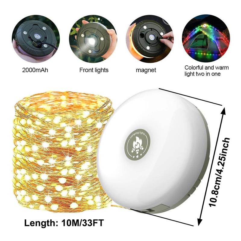 Camping String Lights, 4 in 1 Quick Storage 33FT Rechargeable Tent Lights String with 8 Lighting Modes, Hanging Waterproof Portable LED Lamp for Outdoor Patio Awning Party Essentials
