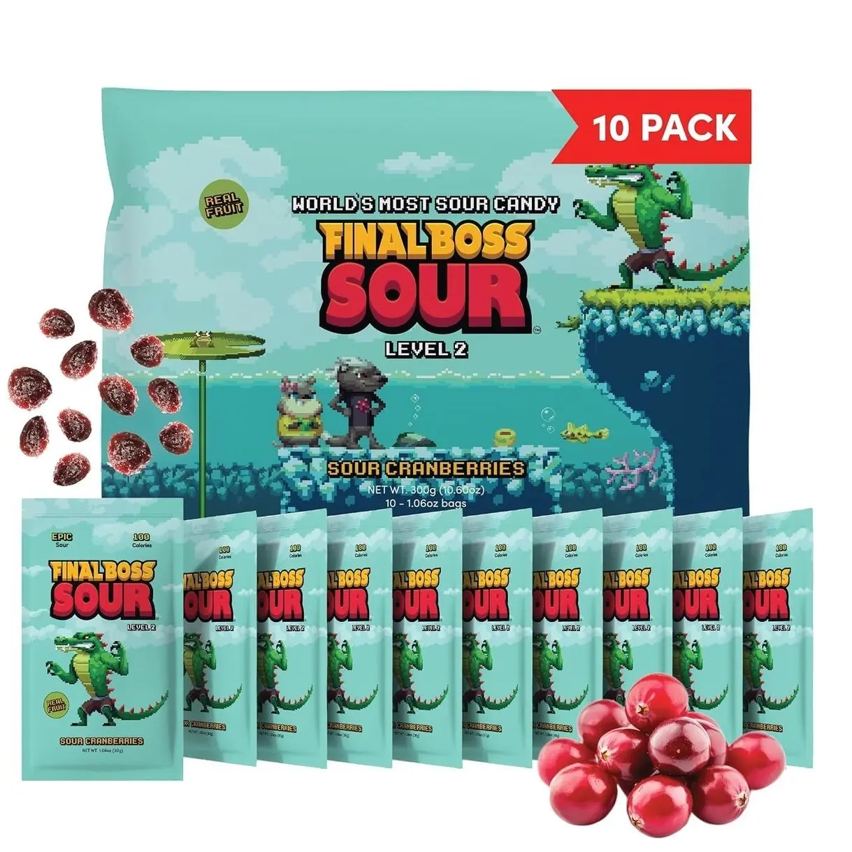 Final Boss Sour Candy, Sour Cranberries, 10 Pack, Level 2, Fruit Chews with Real Dried Fruit, No Artificial Colors or Flavors, Low Calorie Snack for Kids, Teens, Adults, Lunch Boxes
