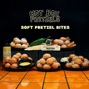 Hot Box Pretzels | 5 Bags Soft Pretzel Bites | Pretzel Salt, Cinnamon, Honey Butter, Jalapeno Queso, Everything Bagel 8-30g Flavor Packets | 5 8oz Bags + 5 Seasoning Packets(8-30g) | Clean Ingredients, No Artificial Flavors