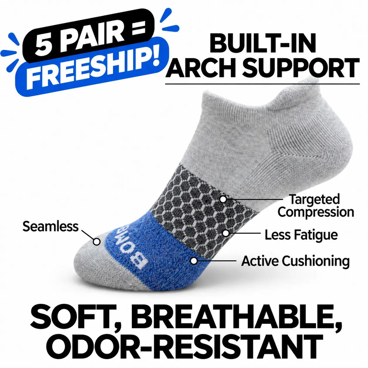 Pack 5 B0mBas Sock Ankle Socks Honeycomb Arch Support for Women & Men Size S, M, L, Multicolor Athletic Sock, Comfortable for Running, Cushioned Footbed, Seamless Toe, Blister Tab