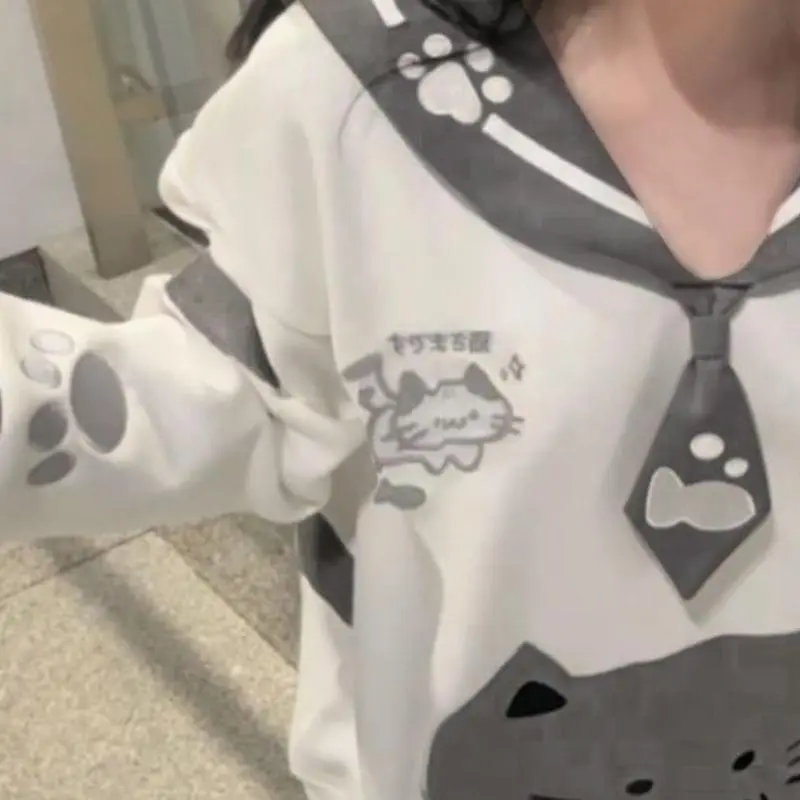 Japanese Cartoon Print Hoodies Women Harajuku Sailor Collar Patchwork Hooded Vintage Hoody Streetwear Y2k Aesthetic Sweatshir