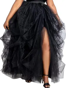 927 - Plus Size Women's Adult Maxi Front Slit Thick Length Tutu Tulle Skirt Black