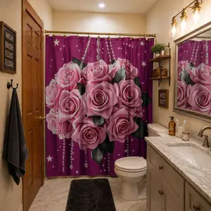 1/4pcs Pink Rose Floral Pattern Shower Curtain Set, Holiday Design, Includes Non-Slip Mat, U-Shaped Rug, Toilet Seat Cover, Perfect for Bathroom Decor, Comes with 12 Shower Curtain Hooks, Bathroom Decoration Accessories, Bathroom Accessory