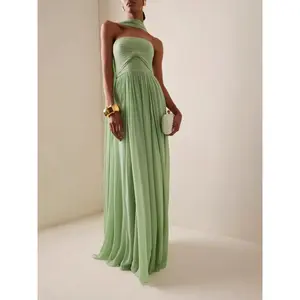 Women's draped strapless dress with a refined look, sleeveless, pleated, flared hem, and sash Formal Womenswear Workwear