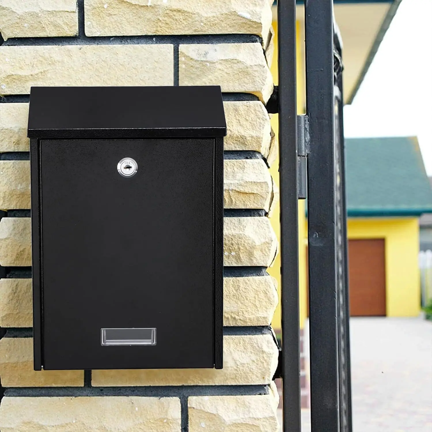 Wall Mount Locking Mailbox with Key Lock - Steel Cover Metal Postbox Large Capacity Drop Box for Outside House Mail Magazine Storage Black