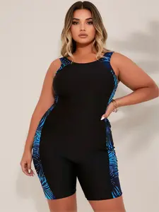 Plus Size One Piece Swimsuit Women Tropical Leaf Print Side Panel Swimwear Round Neck Removable Pads High Stretch Black Blue