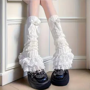 1 Pair Japanese‑Inspired Cute Lace Trim Bow Slouch Calf‑High Socks, Soft Mid‑Calf Loose Casual Socks for JK‑Style School Outfits & Skirt Matching
