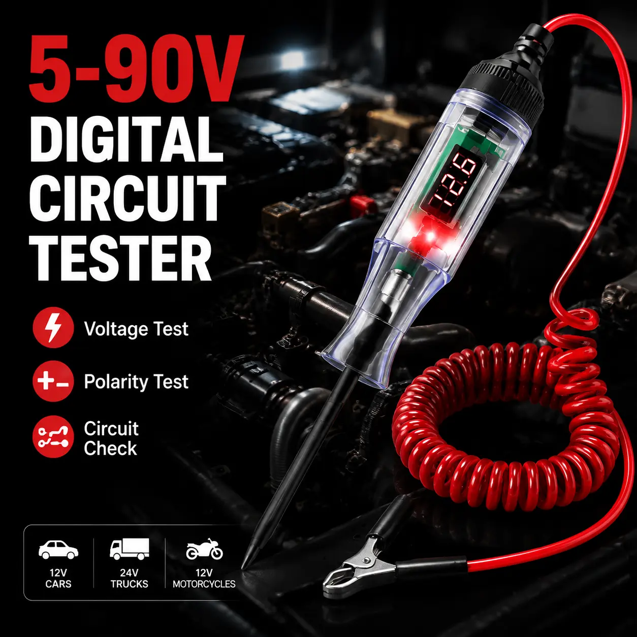 Digital Circuit Tester Pen 5-90V, Automotive Voltage Tester with LED Display, Electrical Test Light Probe for Car Battery Fuse Wire Circuit Checking, 12V-24V Vehicles