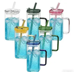 6-piece Set of Square Straw Cups Glass with Colorful Handles Large-capacity Transparent Cold Drink Cups with Lids Juice Drinkware Stylish Beverage Containers for Juices and Beverages