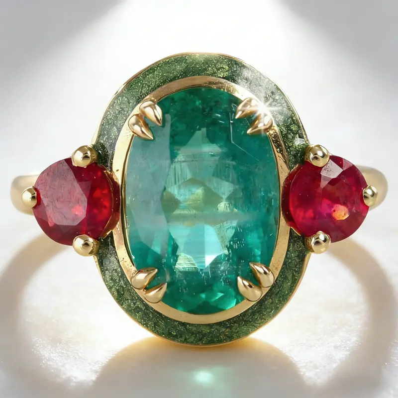 Fashion Antique-Style Costume Ring - Daily Everyday Wear Accessory with Detailed Craftsmanship, Elegant Silhouette, Oval-Cut Synthetic Emerald, Classic Cocktail Statement Design, Eye-Catching Color Contrast